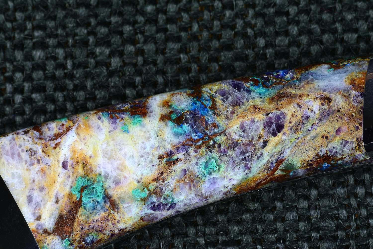 Cygnus ST, reverse side gemstone detail, in CPM154CM powder metal technology high molybenum stainless steel, T3 Deep cryogenically treated blade, 304 stainless steel bolsters, Kaleidoscope Stone gemstone handle, hand-dyed, hand-cast silicone prise
