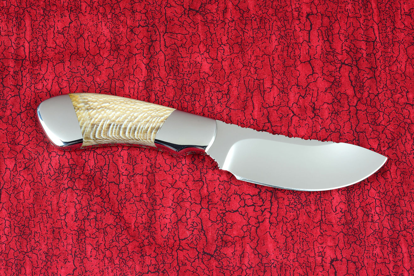 "Kochab"reverse side view in T3 deep cryogenically processed 440C high chromium martensitic stainless steel blade, 304 stainless steel bolsters, Petrified Sycamore Wood gemstone handle, sheath of lizard skin inlaid in hand-carved leather shoulder, nylon 
