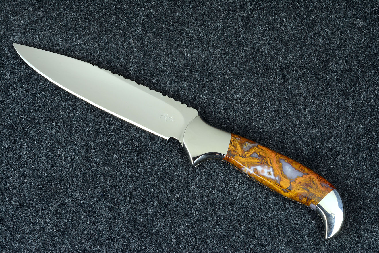 "Lanceolate" obverse side view in T3 deep cryogenically treated 440C high chromium martensitic stainless steel blade, 304 stainless steel bolsters, Cady Mountain Plume Agate gemstone handle, hand-carved leather sheath inlaid with black caiman skin