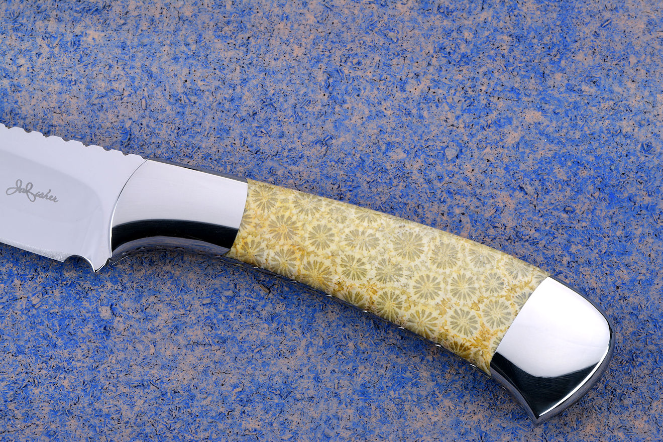 "Phact" obverse side view in 440C high chromium stainless steel blade, 304 stainless steel bolsters, Fossil Coral gemstone handle, hand-carved leather sheath inlaid with lizard skin